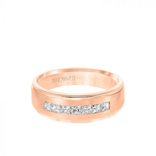 ArtCarved 7MM Men's Contemporary Seven Stone Diamond Wedding Band - Brush Finish and Step Edge in 14k Rose Gold