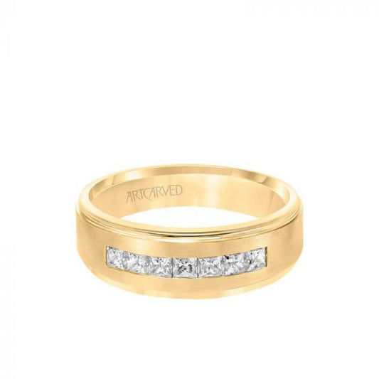 ArtCarved 7MM Men's Contemporary Seven Stone Diamond Wedding Band - Brush Finish and Step Edge in 14k Yellow Gold