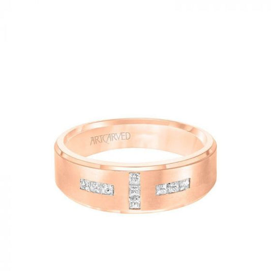 ArtCarved 7MM Men's Contemporary Diamond Wedding Band - Brush Finish and Step Edge in 14k Rose Gold