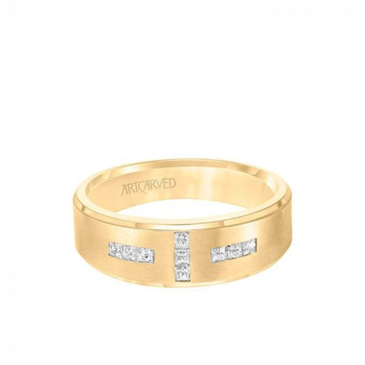 ArtCarved 7MM Men's Contemporary Diamond Wedding Band - Brush Finish and Step Edge in 14k Yellow Gold