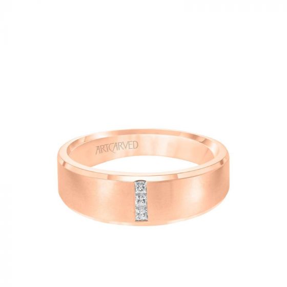ArtCarved 7MM Men's Contemporary Three Stone Diamond Wedding Band - Brush Finish and Step Edge in 14k Rose Gold