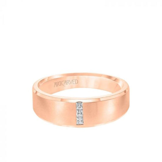 ArtCarved 7MM Men's Contemporary Three Stone Diamond Wedding Band - Brush Finish and Step Edge in 14k Rose Gold