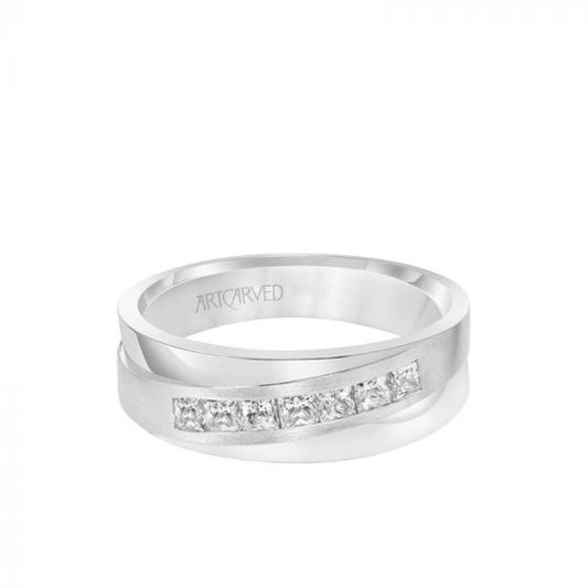 ArtCarved 7MM Men's Contemporary Seven Stone Diamond Wedding Band - Brush Finish and Flat Edge in 14k White Gold
