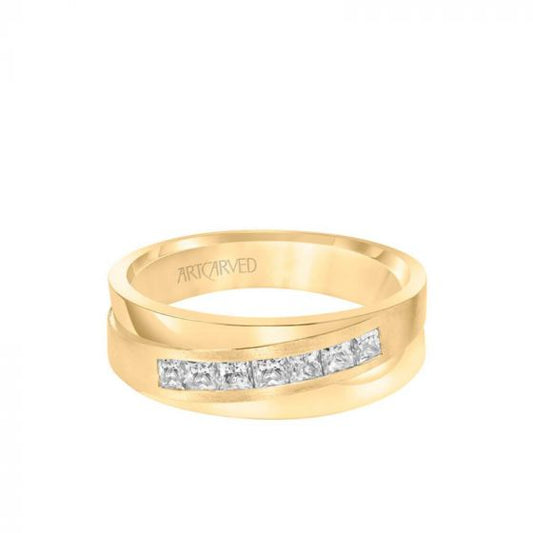 ArtCarved 7MM Men's Contemporary Seven Stone Diamond Wedding Band - Brush Finish and Flat Edge in 14k Yellow Gold