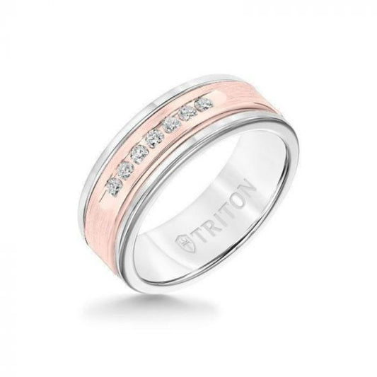 Triton 8MM White Tungsten Carbide Ring - White Diamonds 14K Rose Gold Insert with Round Edge
