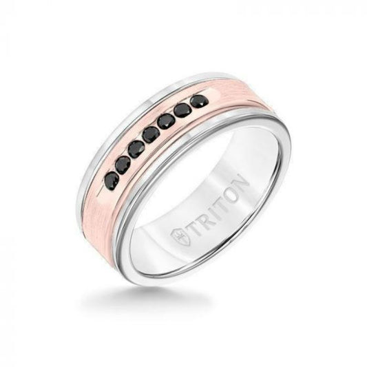 Triton 8MM White Tungsten Carbide Ring - Black Diamonds 14K Rose Gold Insert with Round Edge