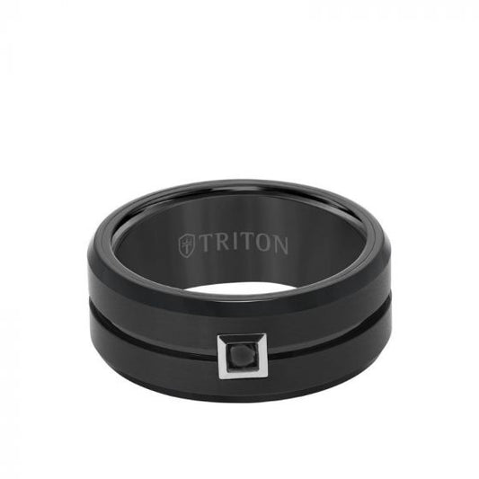 Triton 9MM Ring - Black Diamond Solitaire Brushed Center and Bevel Edge