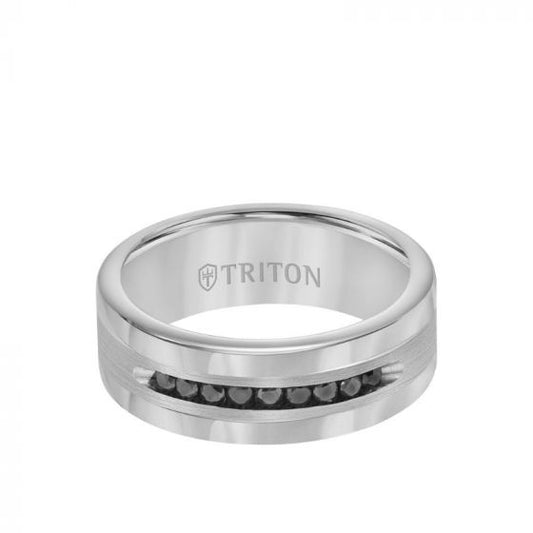 Triton 8MM Ring - Channel Set 1/4 ct Black Diamonds Silver Satin Finish and Round Edge