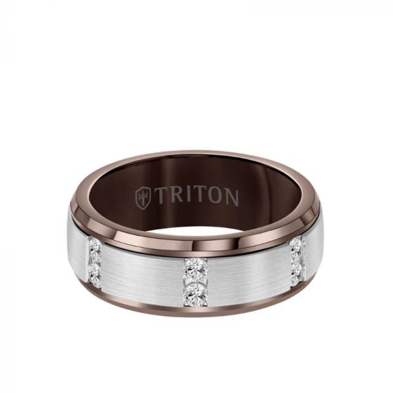 Triton 8MM Tungsten Diamond Ring - Vertical Channel Set Silver Satin Finish and Bevel Edge