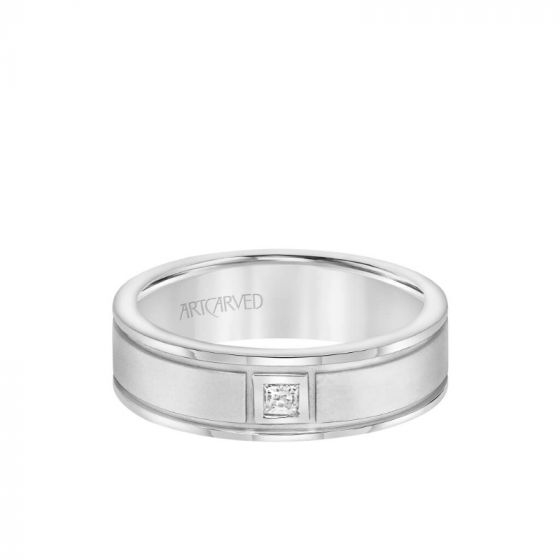 ArtCarved Platinum 6.5MM Men's Classic Single Stone Diamond Wedding Band -  Textured Finish and Rolled Edge