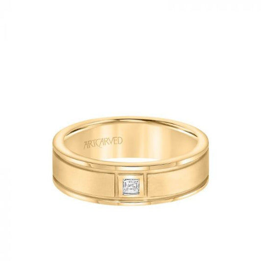 ArtCarved 6.5MM Men's Classic Single Stone Diamond Wedding Band -  Textured Finish and Rolled Edge in 14k Yellow Gold