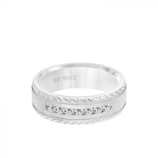 ArtCarved Platinum 7MM Men's Seven Stone Diamond Wedding Band - Crystalline Finish with Milgrain and Leaf Design Bevel Edge