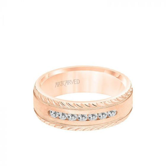 ArtCarved 7MM Men's Seven Stone Diamond Wedding Band - Crystalline Finish with Milgrain and Leaf Design Bevel Edge in 14k Rose Gold