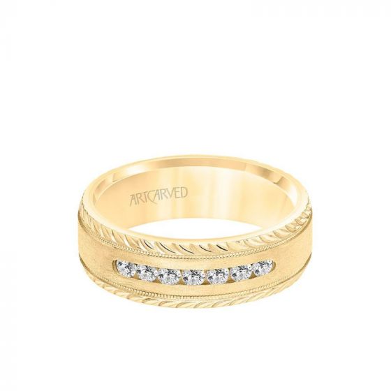 ArtCarved 7MM Men's Seven Stone Diamond Wedding Band - Crystalline Finish with Milgrain and Leaf Design Bevel Edge in 14k Yellow Gold