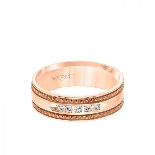 ArtCarved 7MM Shades of Grey Collection Five Stone Diamond Wedding Band - Textured Black Rhodium Detail and Flat Edge in 14k Rose Gold
