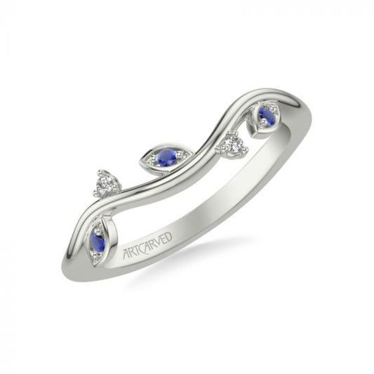 Artcarved Bridal Mounted with Side Stones Contemporary Wedding Band 14K White Gold & Blue Sapphire