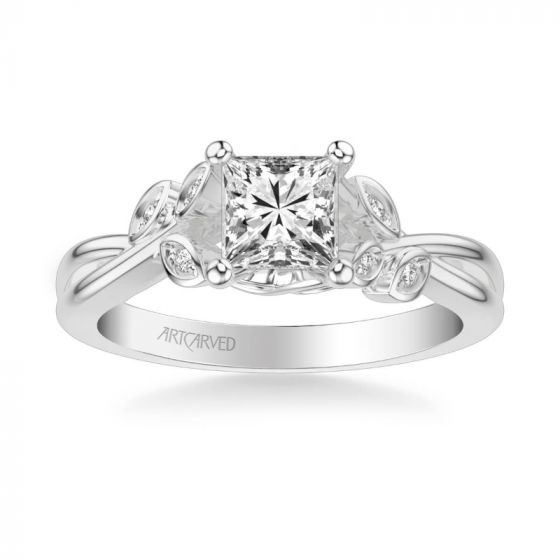 ArtCarved Corinne Contemporary Side Stone Floral Diamond Engagement Ring in 18k White Gold