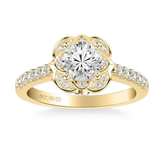 ArtCarved Skyler Contemporary Floral Halo Diamond Engagement Ring in 14k Yellow Gold