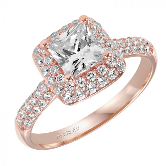 Artcarved Bridal Semi-Mounted with Side Stones Classic Pave Halo Engagement Ring Betsy 14K Rose Gold