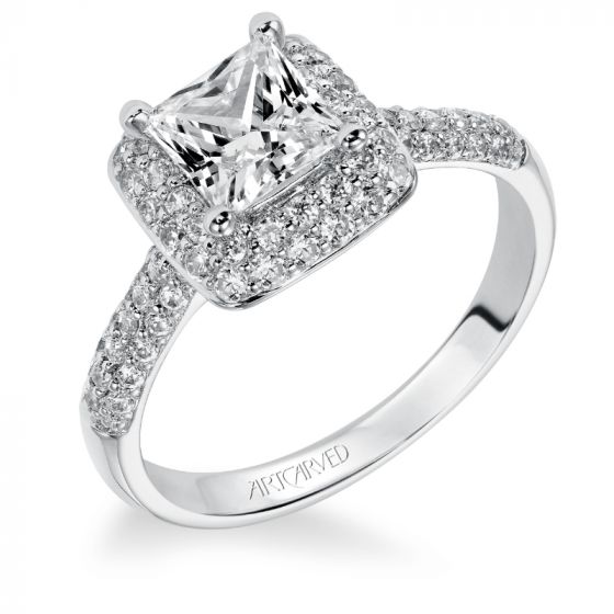 Artcarved Bridal Mounted with CZ Center Classic Pave Halo Engagement Ring Betsy 14K White Gold