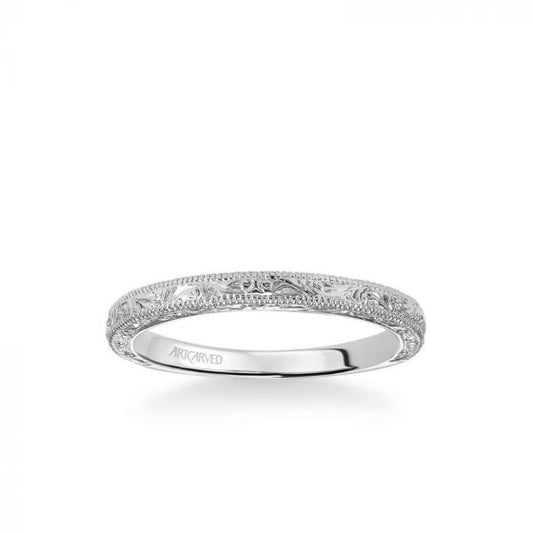 ArtCarved Bernadette Vintage Engraved and Milgrain Wedding Band in 18k White Gold