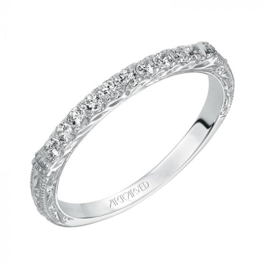 Artcarved Bridal Mounted with Side Stones Vintage Diamond Wedding Band Charmaine 14K White Gold