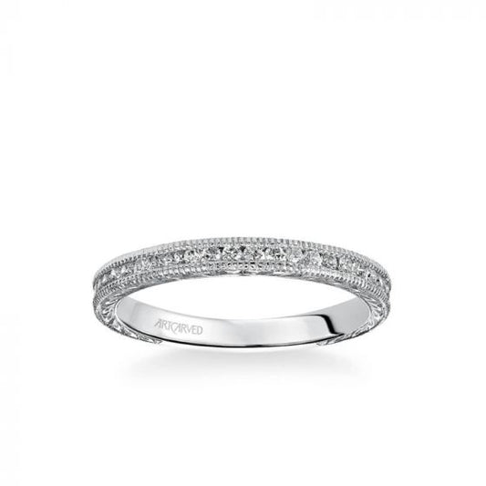 ArtCarved Zoya Vintage Diamond and Milgrain Engraved Wedding Band in 18k White Gold