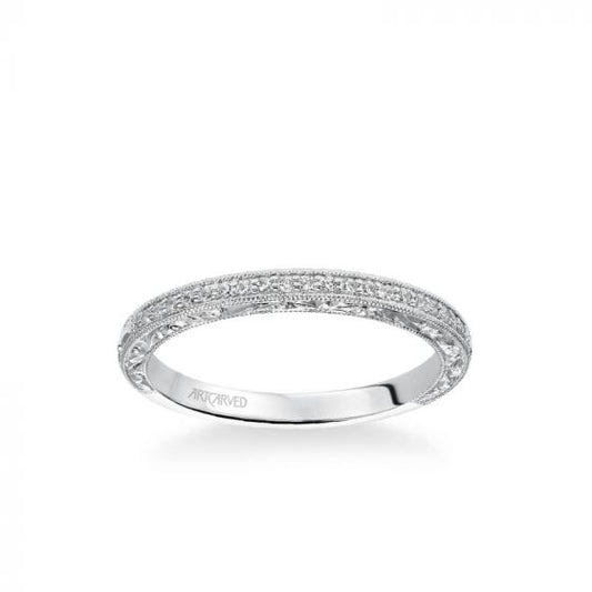 ArtCarved Julie Vintage Diamond and Milgrain Engraved Wedding Band in 18k White Gold