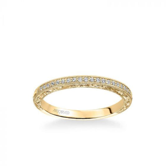 ArtCarved Julie Vintage Diamond and Milgrain Engraved Wedding Band in 18k Yellow Gold