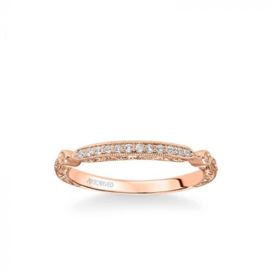 ArtCarved Crystal Vintage Diamond and Milgrain Engraved Wedding Band in 14k Rose Gold