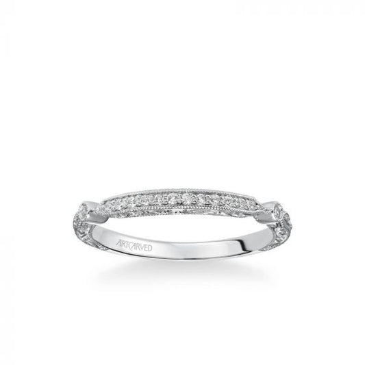 ArtCarved Crystal Vintage Diamond and Milgrain Engraved Wedding Band in 18k White Gold