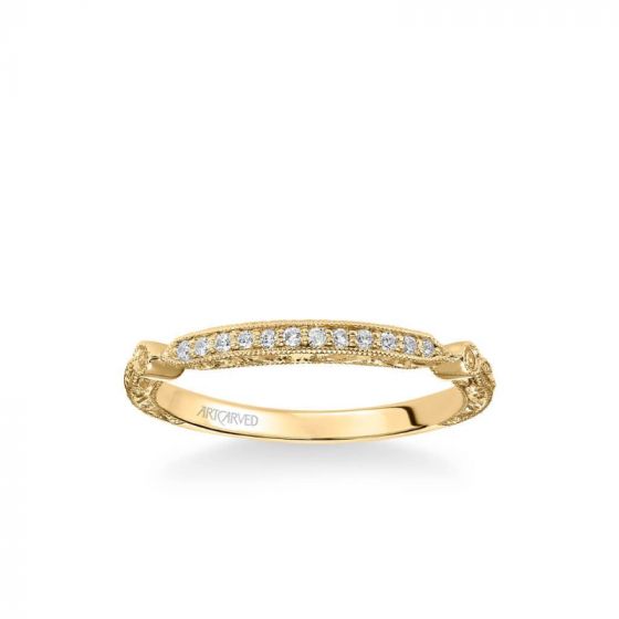 ArtCarved Crystal Vintage Diamond and Milgrain Engraved Wedding Band in 18k Yellow Gold