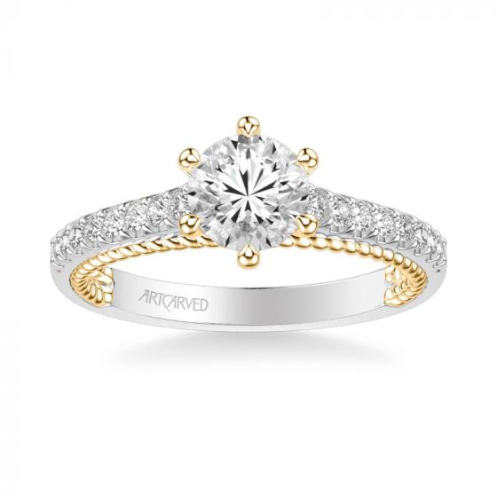 ArtCarved Ilena Contemporary Side Stone Rope Diamond Engagement Ring in 14k White and Yellow Gold