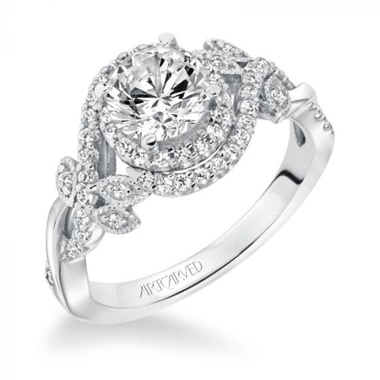 Artcarved Bridal Semi-Mounted with Side Stones Contemporary Floral Halo Engagement Ring Zara 14K White Gold