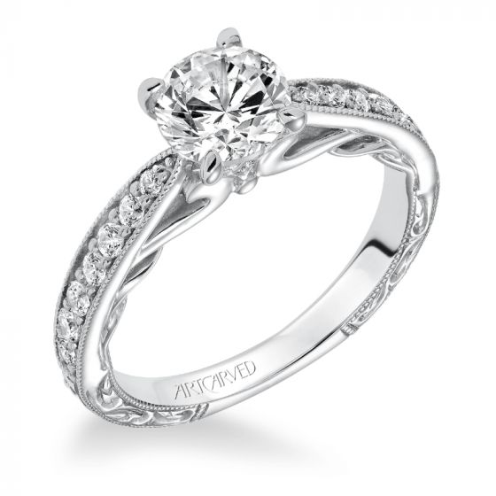 Artcarved Bridal Mounted with CZ Center Vintage Filigree Diamond Engagement Ring Geneva 14K White Gold