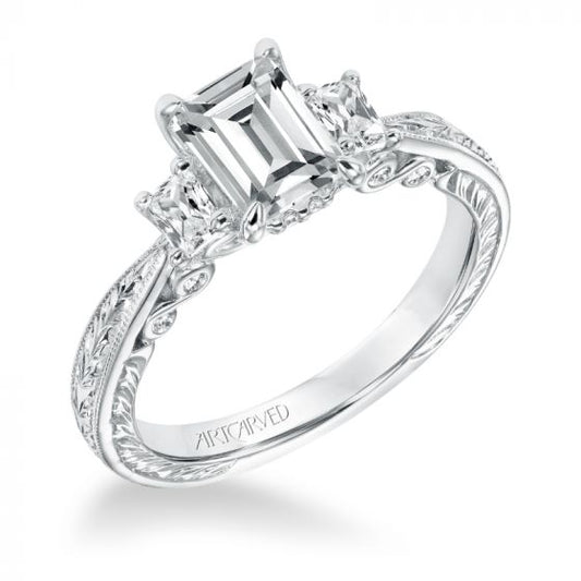 Artcarved Bridal Semi-Mounted with Side Stones Vintage Filigree 3-Stone Engagement Ring Iva 14K White Gold