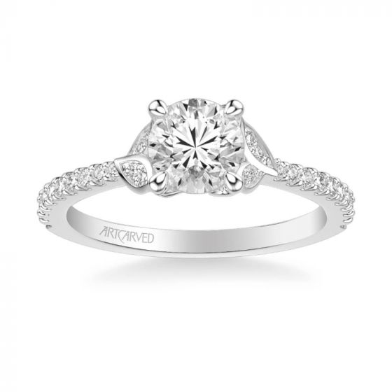 ArtCarved Bluebelle Contemporary Side Stone Floral Diamond Engagement Ring in 14k White Gold