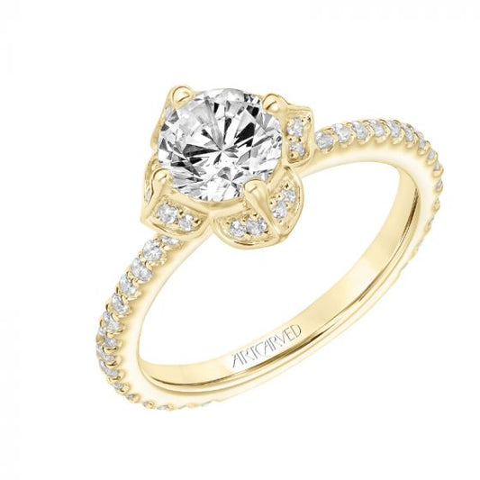 Artcarved Bridal Mounted with CZ Center Contemporary Floral Engagement Ring Lotus 18K Yellow Gold