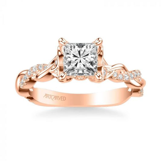 ArtCarved Amaryllis Contemporary Side Stone Floral Diamond Engagement Ring in 14k Rose Gold