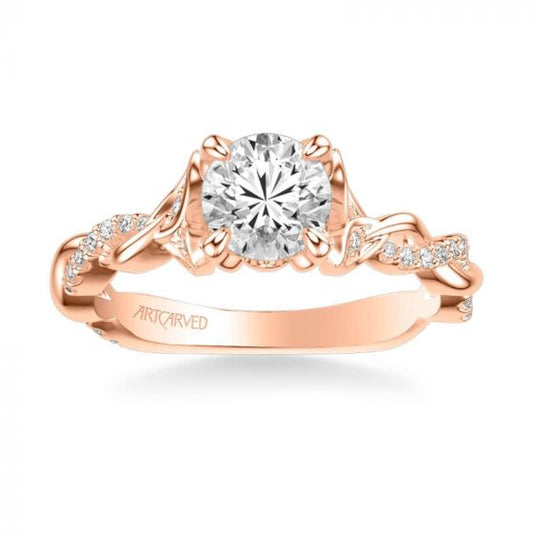 ArtCarved Amaryllis Contemporary Side Stone Floral Diamond Engagement Ring in 18k Rose Gold