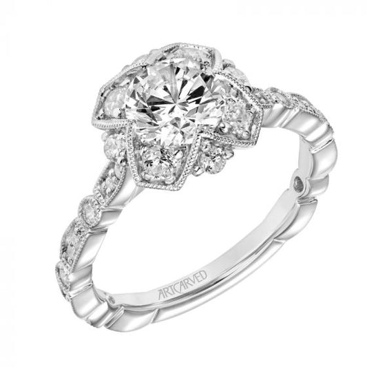 Artcarved Bridal Semi-Mounted with Side Stones Vintage Milgrain Engagement Ring Alma 18K White Gold