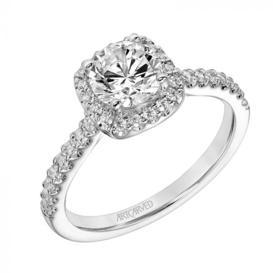 Artcarved Bridal Semi-Mounted with Side Stones Classic Halo Engagement Ring Tori 18K White Gold
