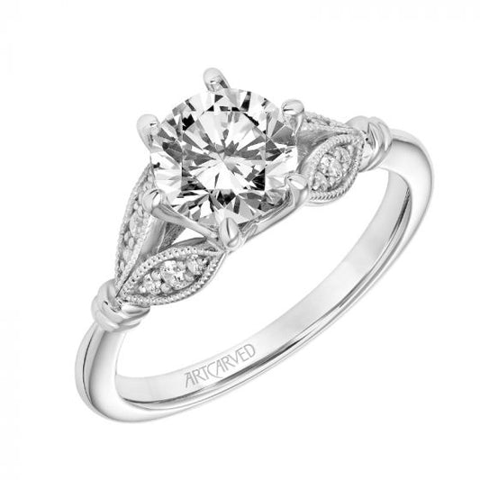 Artcarved Bridal Semi-Mounted with Side Stones Floral Diamond Engagement Ring Bellarose 18K White Gold
