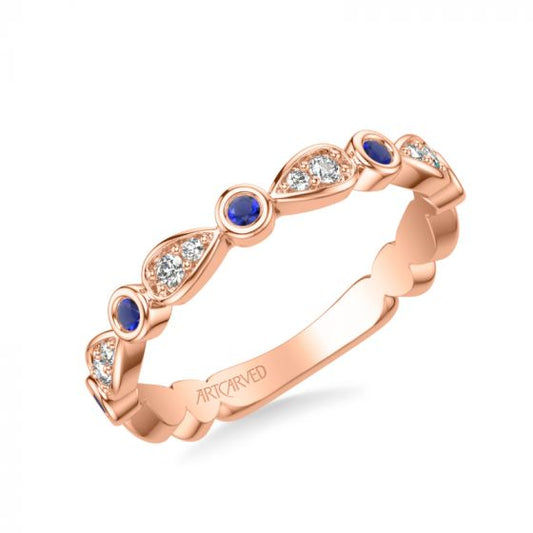 Artcarved Bridal Mounted with Side Stones Contemporary Anniversary Ring 14K Rose Gold & Blue Sapphire