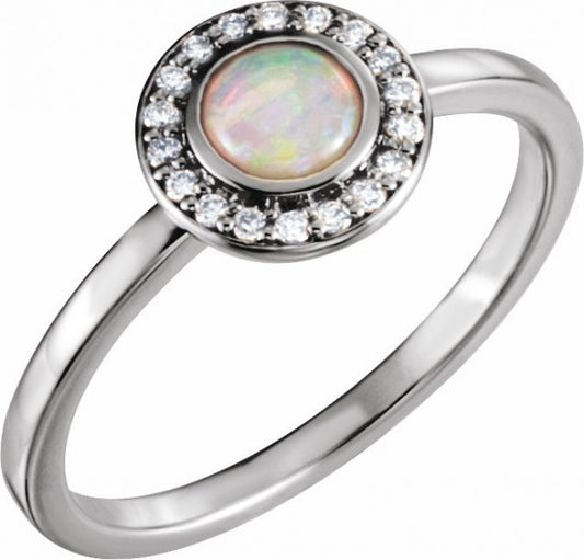 14K White Opal & .07 CTW Diamond Halo-Style Ring