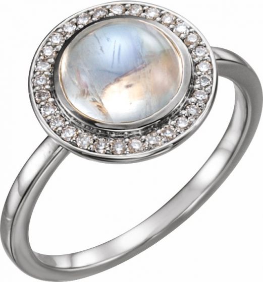 14K White Rainbow Moonstone & 1/8 CTW Diamond Halo-Style Ring