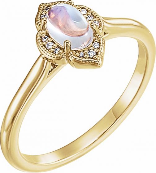 14K Yellow Rainbow Moonstone & .03 CTW Diamond Clover Cabochon Ring