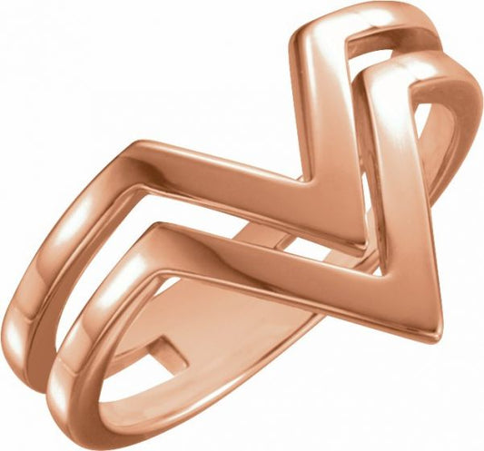 14K Rose Double Row V Ring