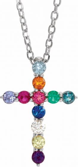 14K White 14.6x10.5 mm .03 CT Multi-Stone Cross 16-18 Necklace