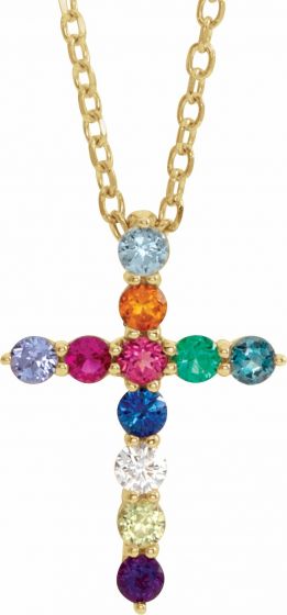 14K Yellow 14.6x10.5 mm .03 CT Multi-Gemstone Cross 16-18 Necklace